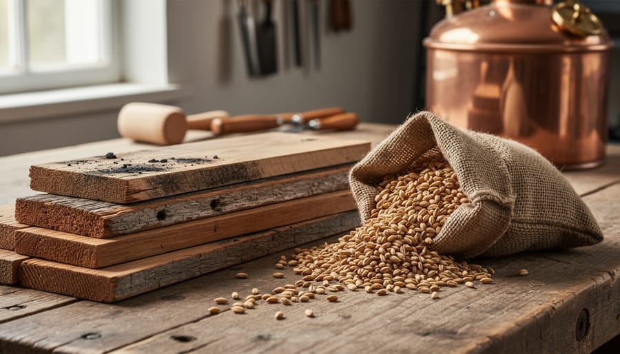 Chimney wood pieces and malted barley grains on wooden surface with brewing equipment