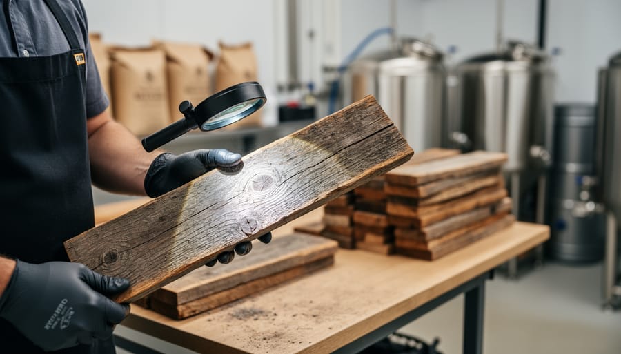 Hands inspecting weathered chimney wood plank in workshop setting