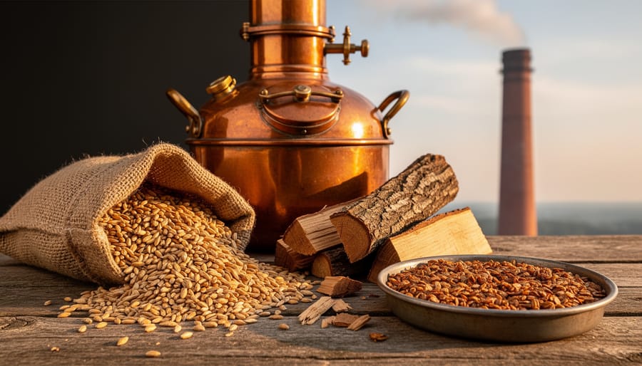 Burlap sack of smoked malted barley on a wooden table next to beech and oak wood pieces and a pan of toasted grains, with a copper brewing kettle and a softly smoking old brick chimney blurred in the background