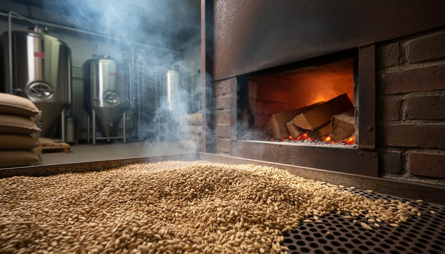 Malted grains on wire rack being smoked with rising smoke from chimney wood